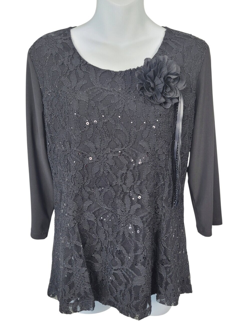 2/$20 Y2K USA Black Floral Brooch Top Blouse Size: Large